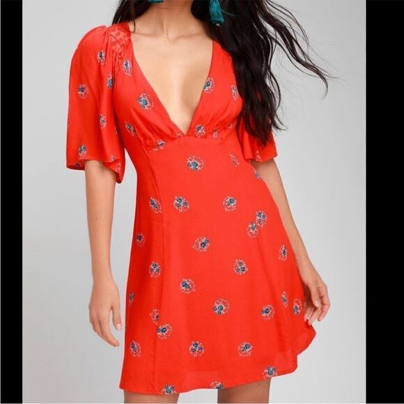 Free People Mockingbird Coral Red Floral Backless Mini Dress - Picture 8 of 8